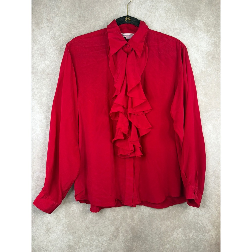 VTG Anna and Frank Blouse Women Large Red Silk Ruffle Jabot Long Sleeve Top